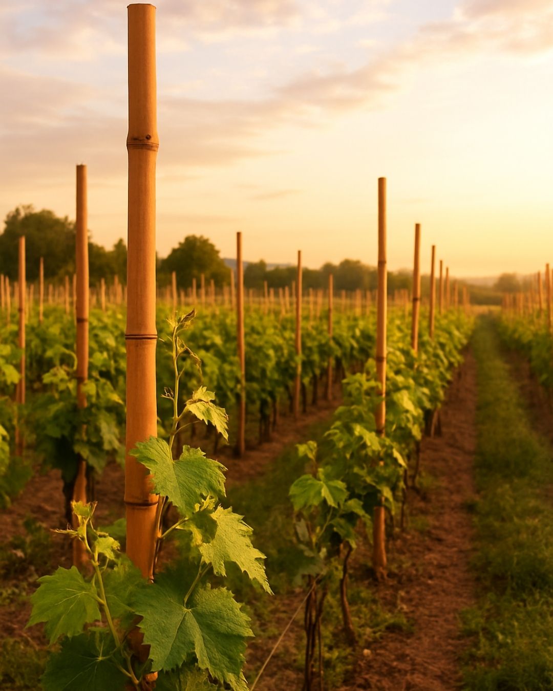 Tutores agrícolas de bambú instalados en viñedos y cultivos trepadores con enfoque sustentable.